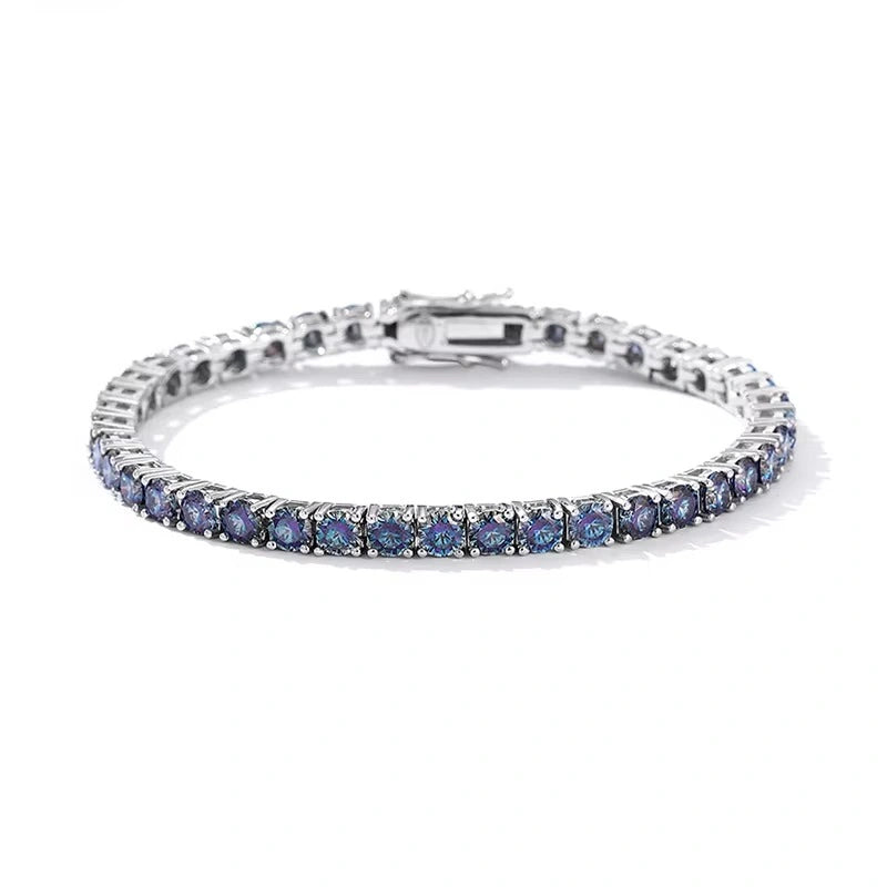 Rainbow blue moissanite tennis bracelet 4mm round-cut stones in 925 sterling silver 4-prong setting – Sensitive Stones