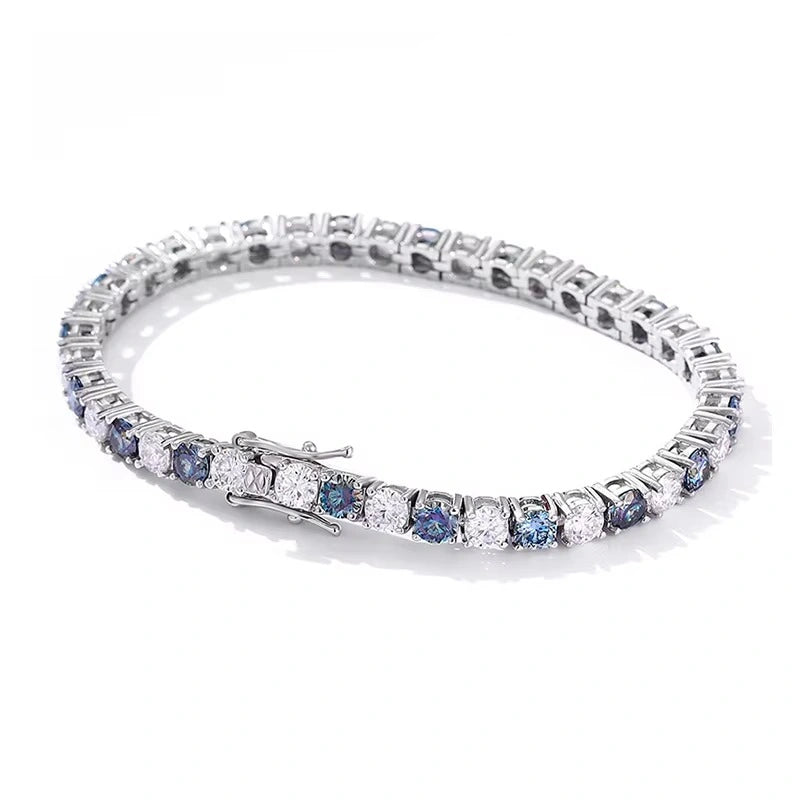Rainbow blue and white moissanite tennis bracelet 4mm round-cut stones in 925 sterling silver 4-prong setting – Sensitive Stones
