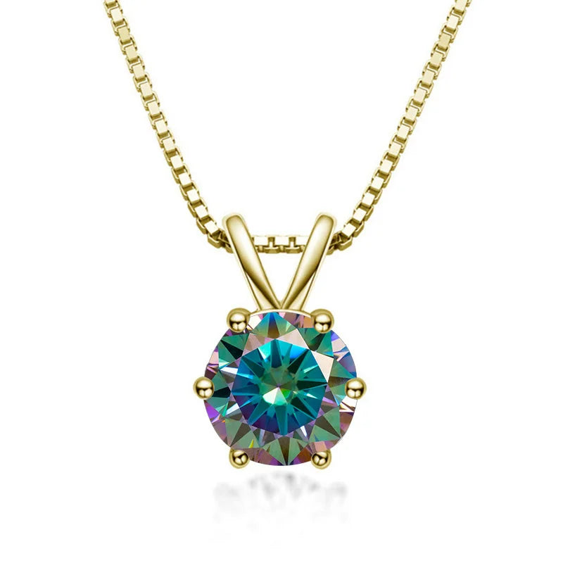 Rainbow moissanite solitaire pendant necklace 925 sterling silver 18K yellow gold plated 6 prong - Sensitive Stones