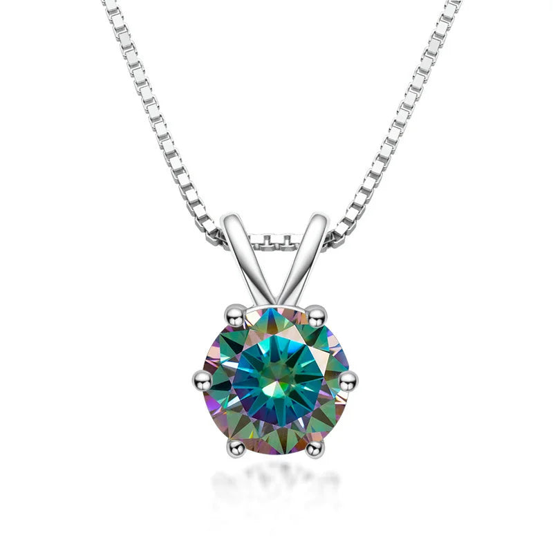Rainbow moissanite solitaire pendant necklace 925 sterling silver 18K white gold plated 6 prong - Sensitive Stones
