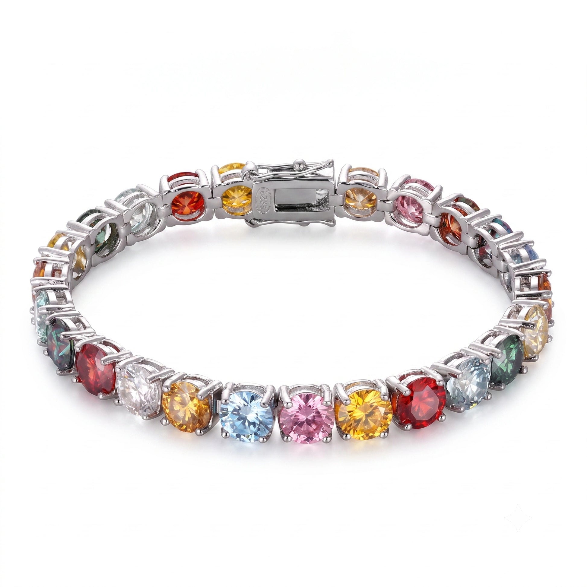 Rainbow moissanite tennis bracelet in 925 sterling silver with 4-prong set multicolor stones - Sensitive Stones