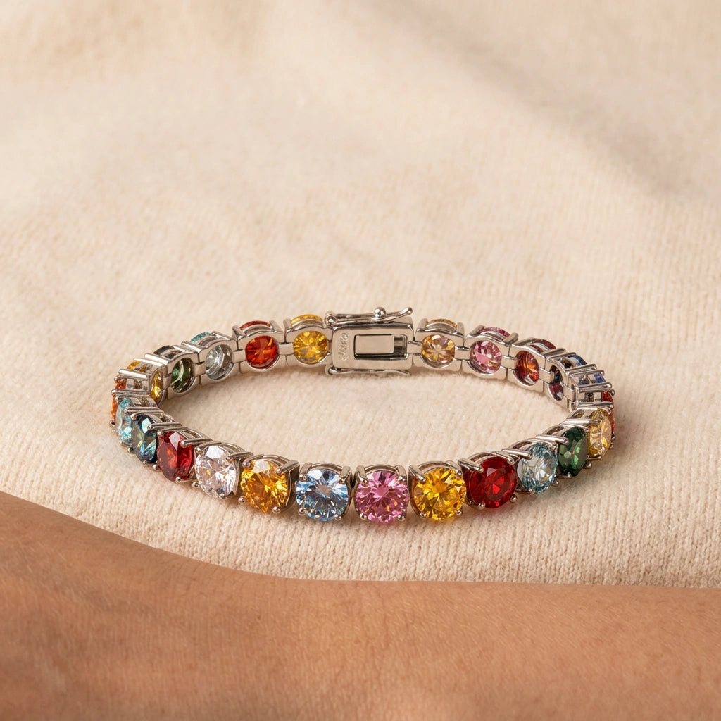 Rainbow moissanite tennis bracelet, multicolor round stones close up - Sensitive Stones