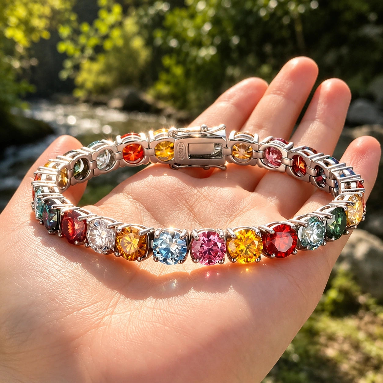 Rainbow moissanite tennis bracelet held in hand, multicolor stones - Sensitive Stones