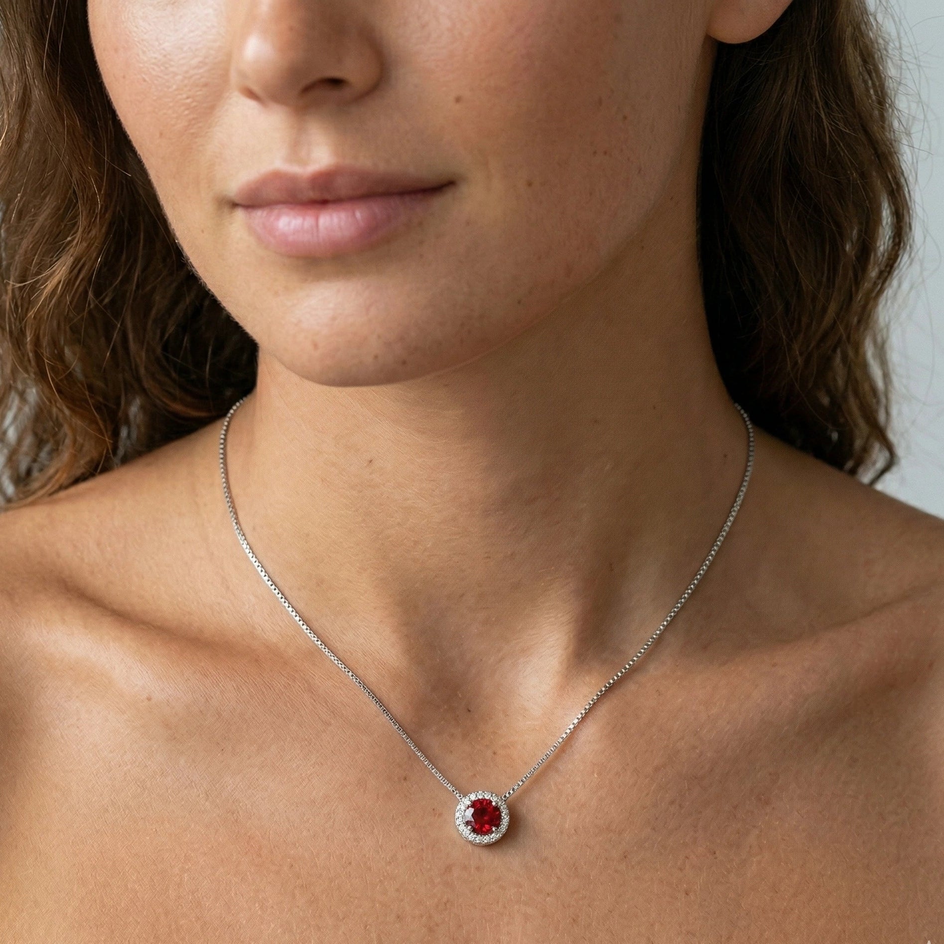 Red moissanite halo pendant necklace 925 sterling silver white gold plated on model - Sensitive Stones