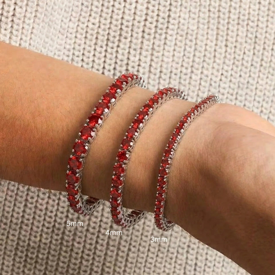 Red moissanite tennis bracelet size comparison showing 3mm, 4mm, and 5mm stone sizes worn on wrist, set in 925 sterling silver - Sensitive Stones