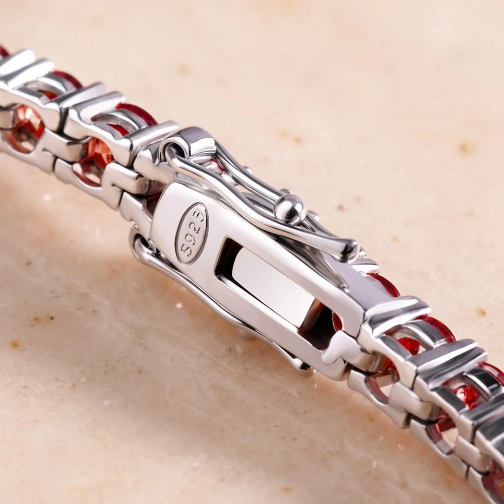 Close-up of double-lock 925 clasp on red moissanite tennis bracelet for secure wear – Sensitive Stones