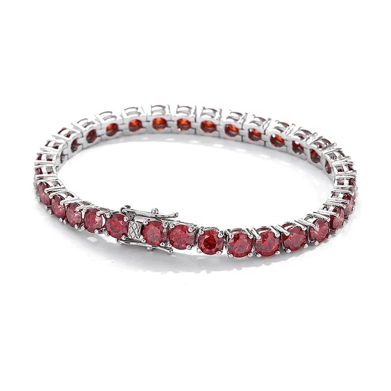 Red moissanite tennis bracelet on a white background, showcasing full fiery line – Sensitive Stones