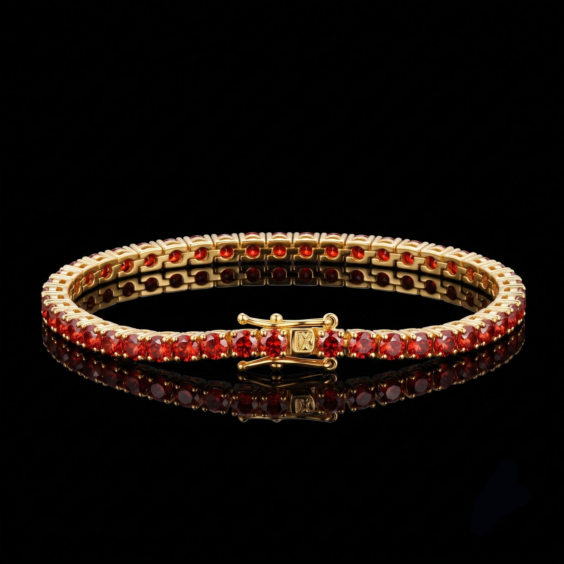 Red moissanite tennis bracelet in 18K yellow gold plated sterling silver on a reflective black background - Sensitive Stones
