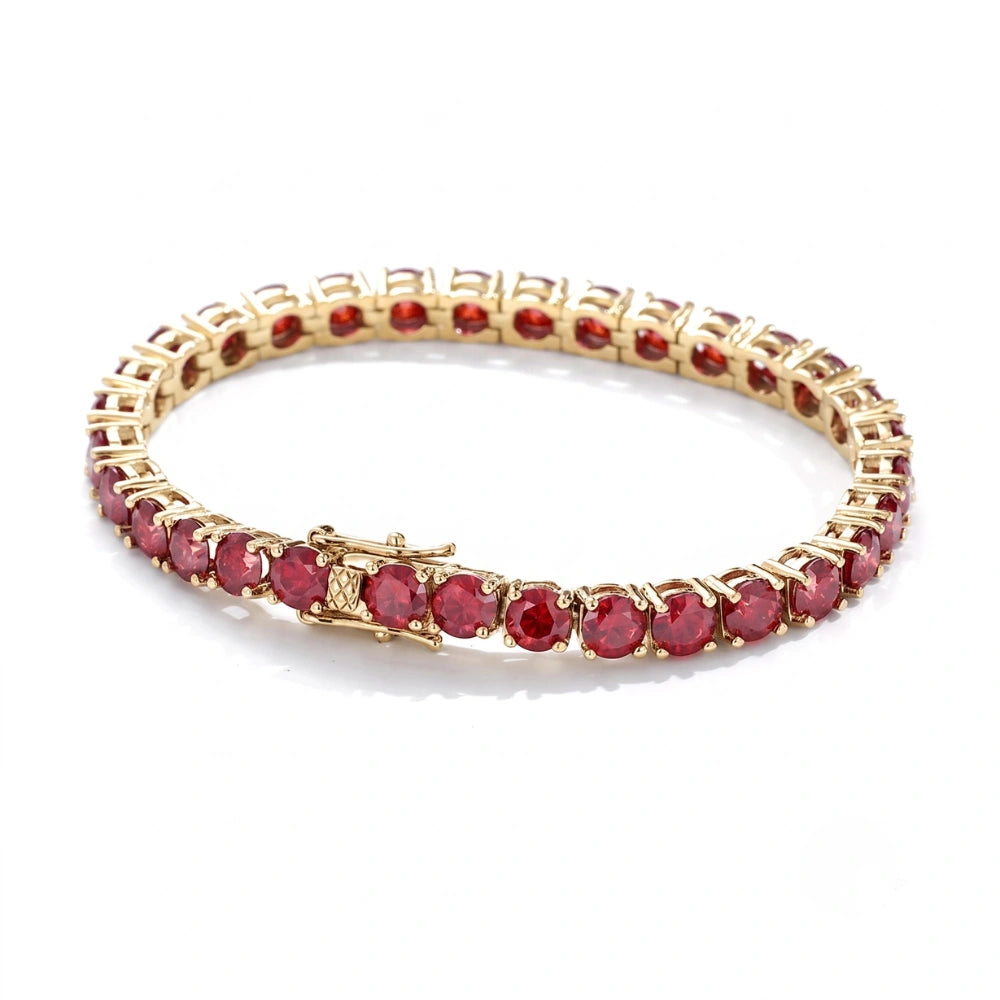Red moissanite tennis bracelet in 18K yellow gold plated sterling silver on a white background - Sensitive Stones