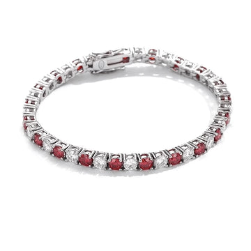 Red and white moissanite tennis bracelet on a white background, showcasing full fiery line – Sensitive Stones