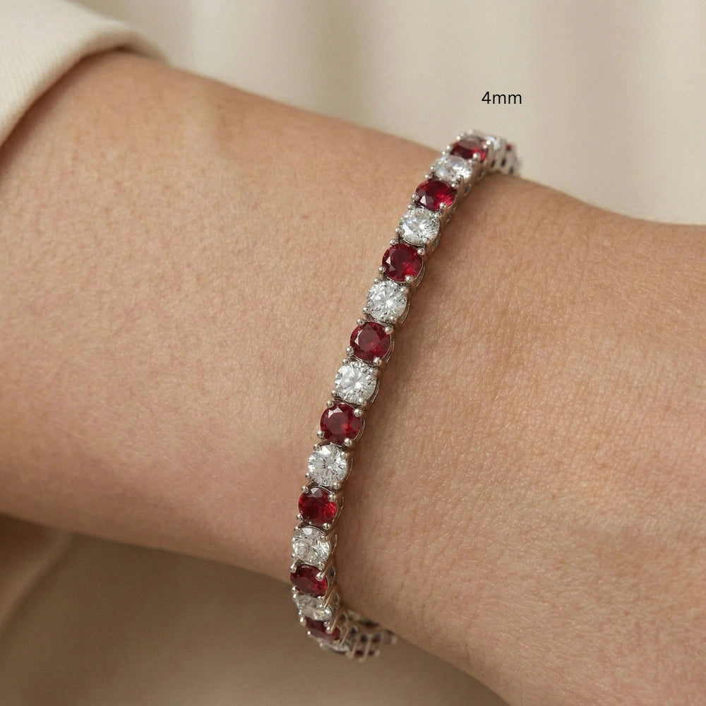 4mm red and white moissanite tennis bracelet with flame-lit brilliance worn with beige outfit, showcasing everyday elegance in sterling silver with white gold plating - Sensitive Stones