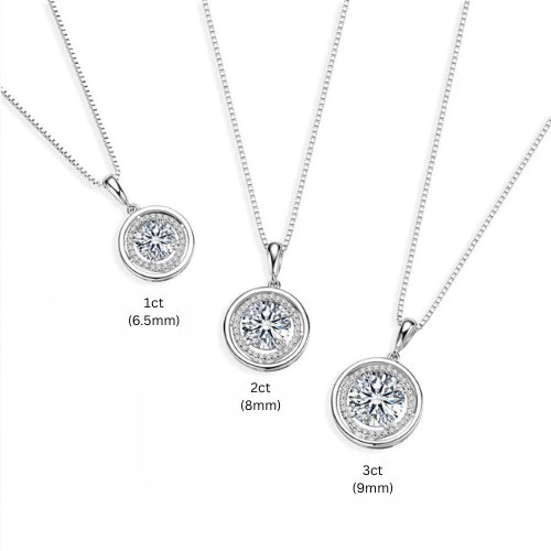 Round moissanite halo pendant necklace size comparison showing three options: 1ct 6.5mm, 2ct 8mm and 3ct 9mm centre stones in 925 sterling silver on adjustable box chain - Sensitive Stones