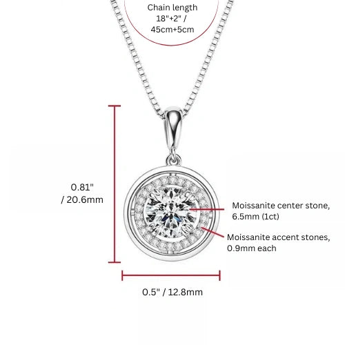 Dimensions diagram for the round moissanite halo pendant necklace in a white gold finish showing a 20.6mm by 12.8mm pendant with a 6.5mm 1ct center stone and 0.9mm moissanite accents on an 18in plus 2in chain - Sensitive Stones