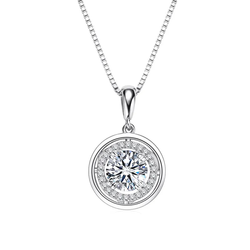 Round moissanite halo pendant necklace in 925 sterling silver with a white gold finish on a white background - Sensitive Stones