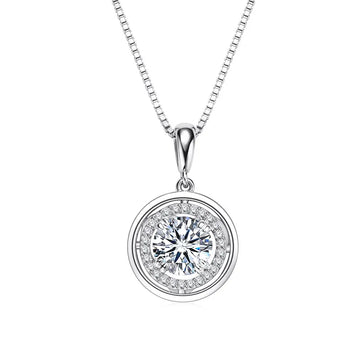 Round moissanite halo pendant necklace in 925 sterling silver with a white gold finish on a white background - Sensitive Stones