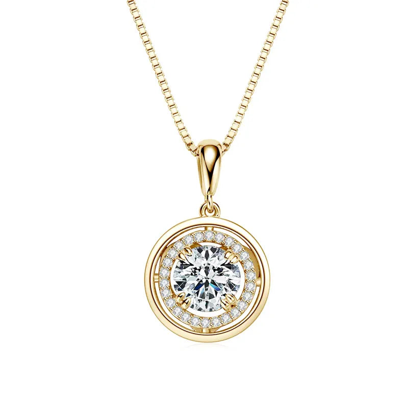 Round moissanite halo pendant necklace in 925 sterling silver with a yellow gold finish on a white background - Sensitive Stones