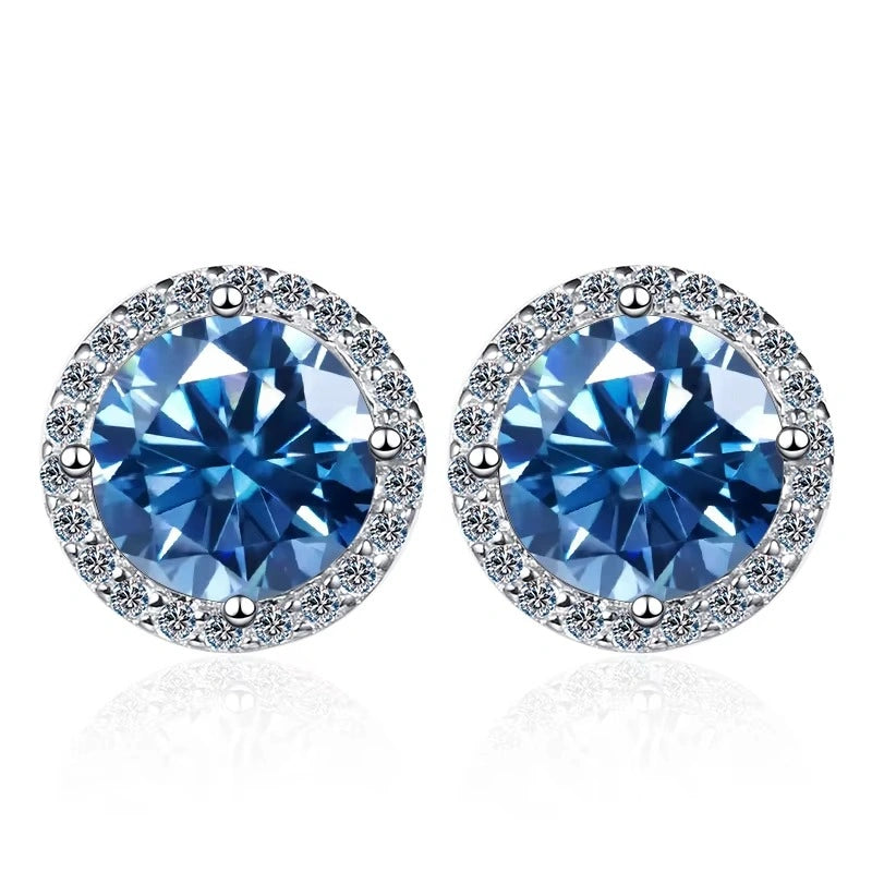Royal blue moissanite halo stud earrings in 925 sterling silver on white background - Sensitive Stones