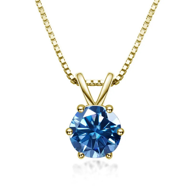 Royal blue moissanite solitaire pendant necklace 925 sterling silver 18K yellow gold plated 6 prong - Sensitive Stones