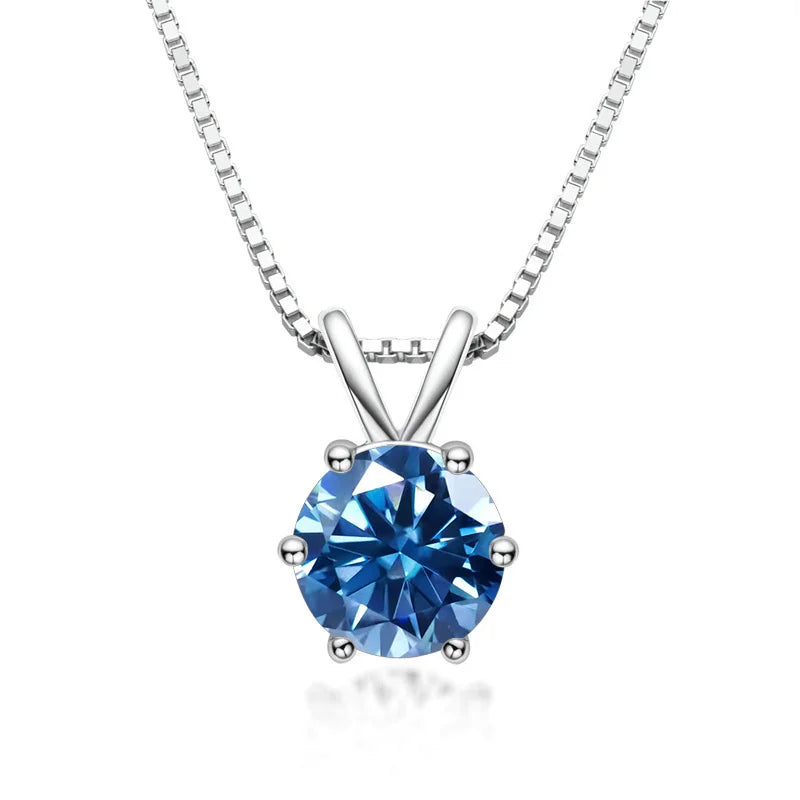 Royal blue moissanite solitaire pendant necklace 925 sterling silver 18K white gold plated 6 prong - Sensitive Stones