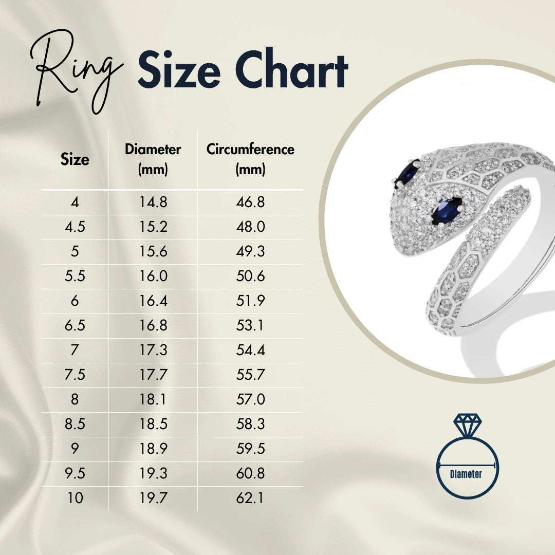 Ring size chart with US sizes 4 to 10, showing diameter and circumference in millimeters for accurate jewelry fit, featuring a snake moissanite ring on a luxury background - Sensitive Stones