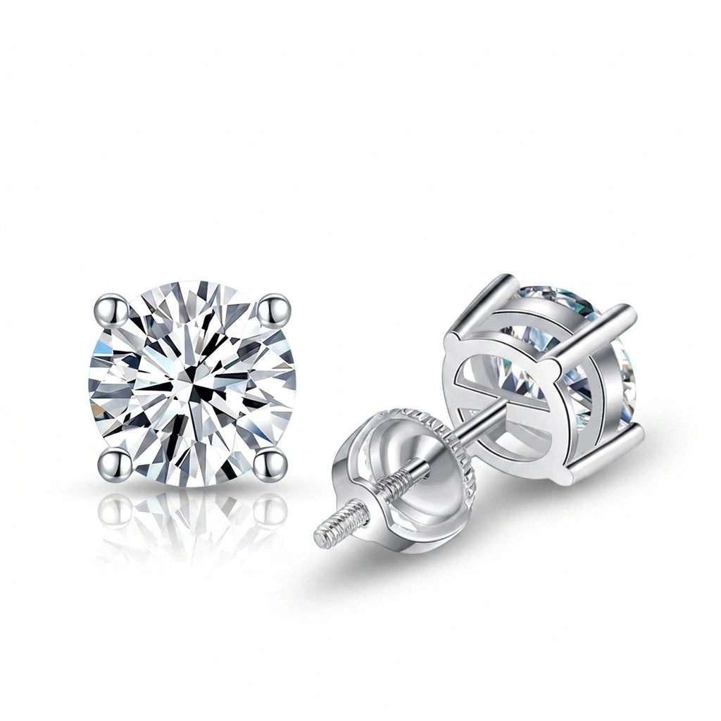 Screw back moissanite stud earrings showing threaded post and screw-on nut closure detail - Sensitive Stones