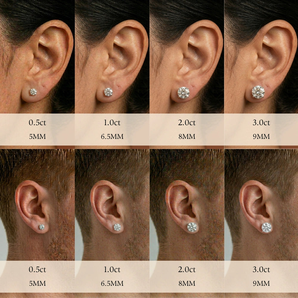 Screw back moissanite stud earrings size comparison on ear, 0.5ct to 3ct (5mm to 9mm) on women and men - Sensitive Stones