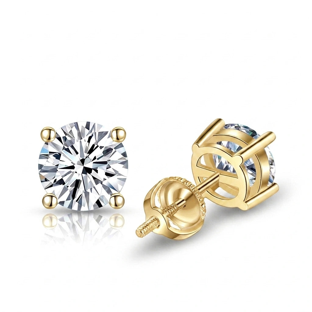 Screw back moissanite stud earrings, 18K white gold plated 925 sterling silver pair with threaded posts - Sensitive Stones
