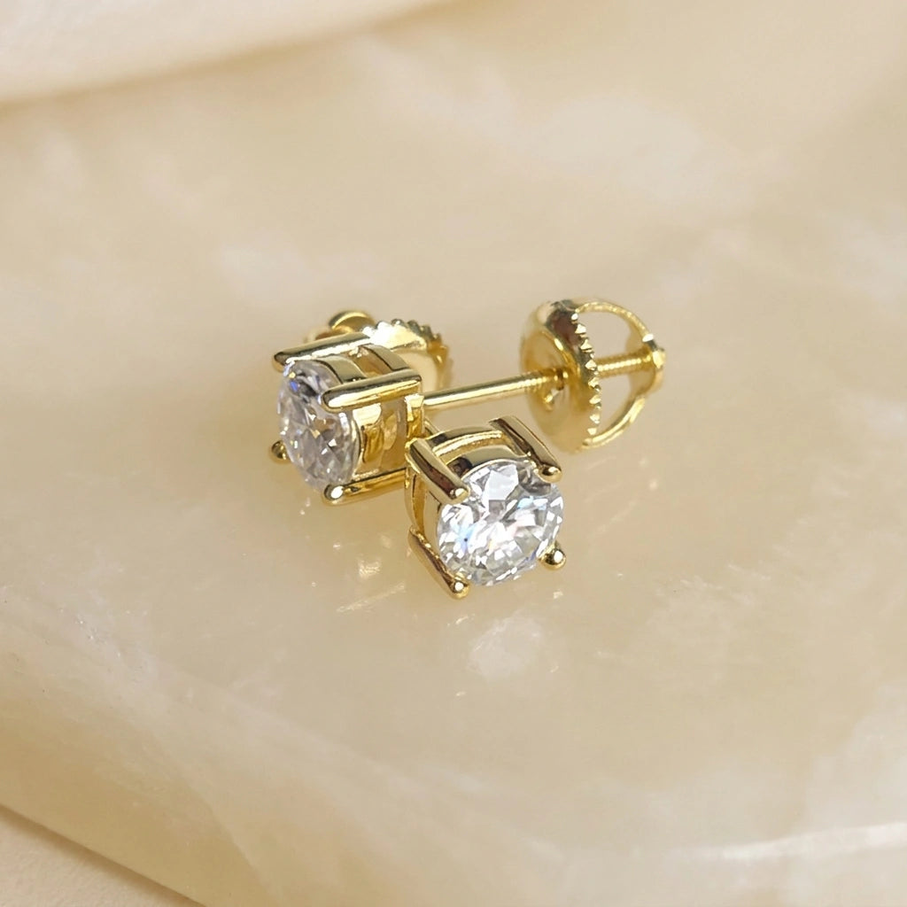 Screw back moissanite stud earrings, 18K yellow gold plated 925 sterling silver pair with threaded posts - Sensitive Stones