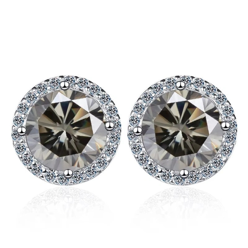 Silver gray moissanite halo stud earrings in 925 sterling silver on white background - Sensitive Stones