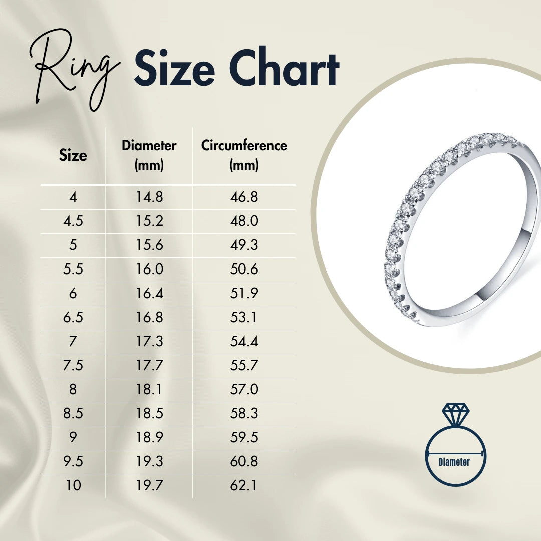 Ring size chart with US sizes 4 to 10, showing diameter and circumference in millimeters for accurate jewelry fit, featuring a silver moissanite ring on a luxury background - Sensitive Stones