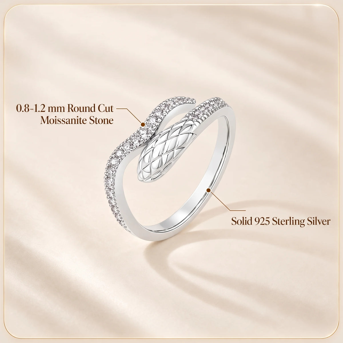 Specification chart for the snake half eternity moissanite ring showing 0.8-1.2mm round cut moissanite and solid 925 sterling silver - Sensitive Stones