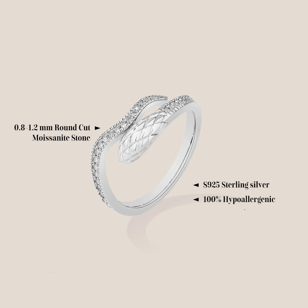 Snake Half Eternity Moissanite Ring diagram showing 925 sterling silver and moissanite stone details - Sensitive Stones