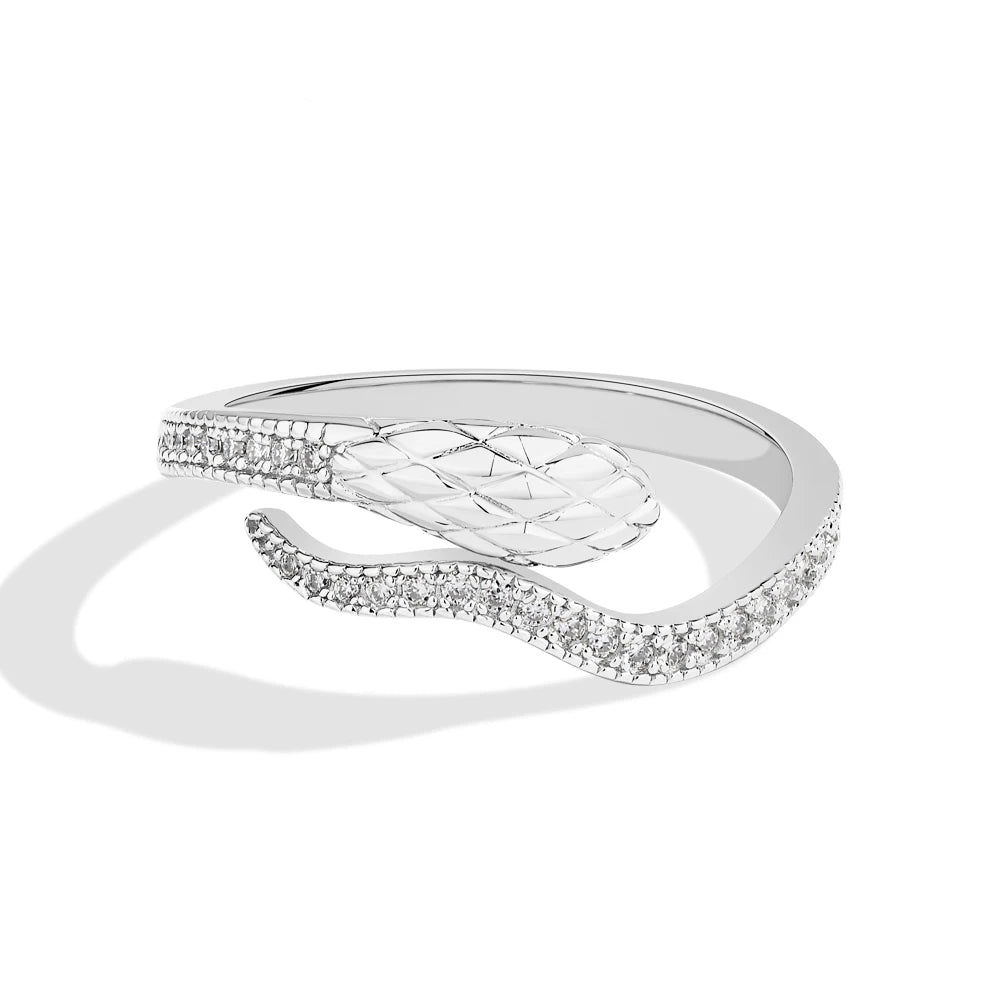Snake Half Eternity Moissanite Ring in 18K white gold over 925 sterling silver, front view - Sensitive Stones