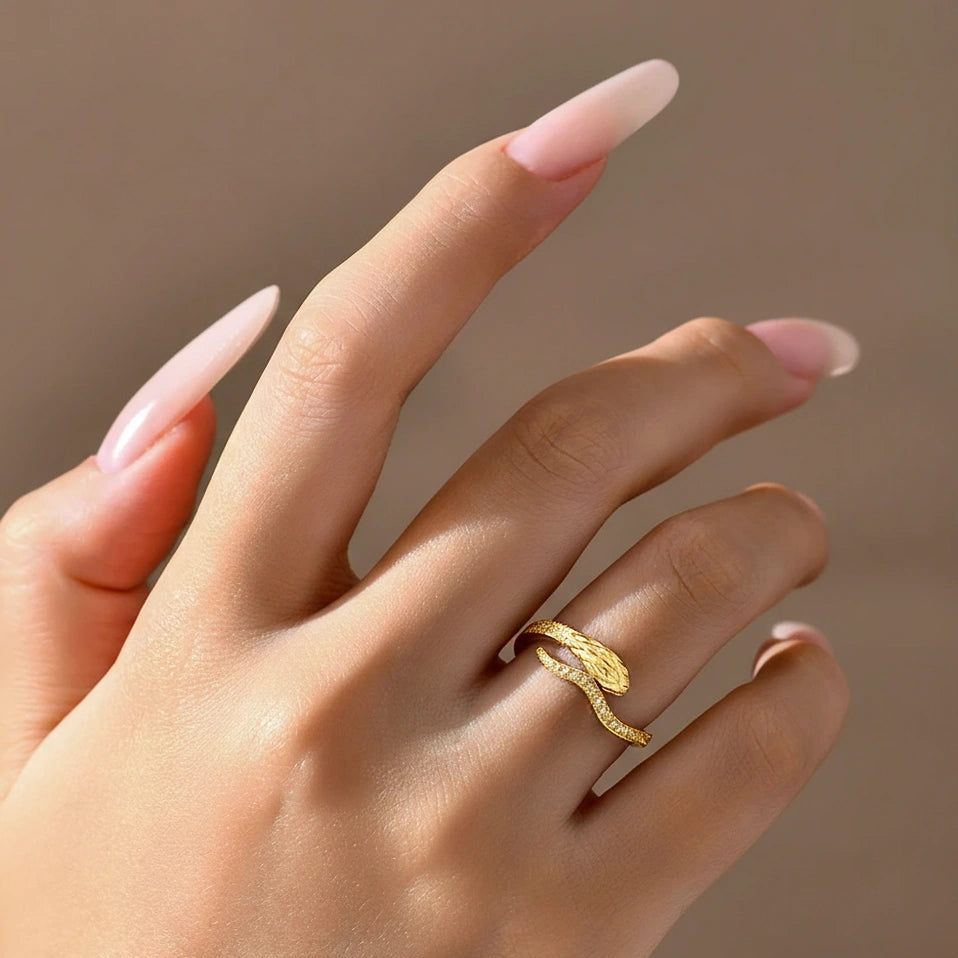 Close-up of Snake Half Eternity Moissanite Ring in yellow gold color on finger - Sensitive Stones