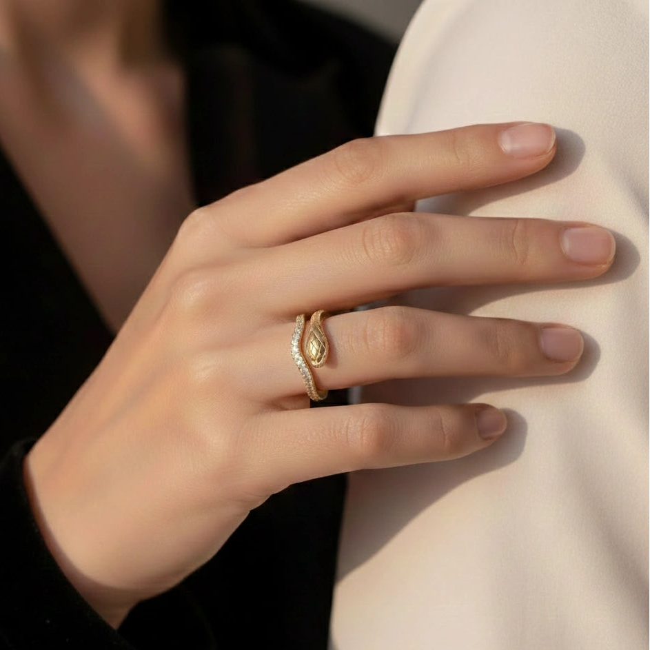 Snake Half Eternity Moissanite Ring in yellow gold worn on hand - Sensitive Stones