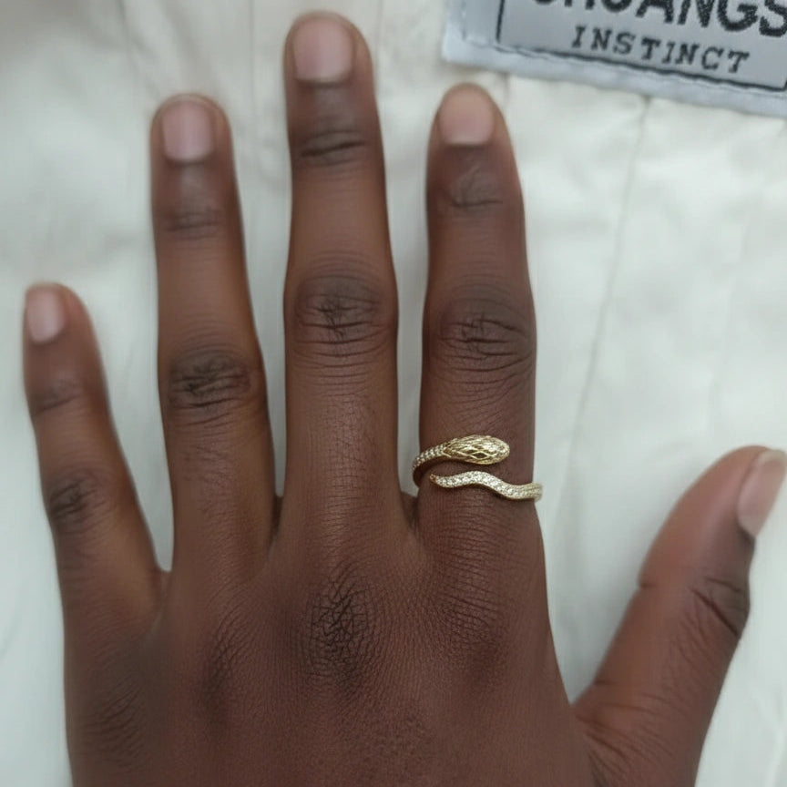 Snake Half Eternity Moissanite Ring in yellow gold shown on hand - Sensitive Stones