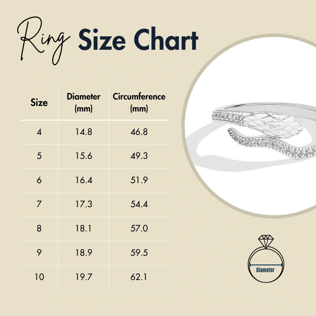 Ring size chart with US sizes 4 to 10, showing diameter and circumference in millimeters for accurate jewelry fit, featuring a snake half eternity moissanite ring - Sensitive Stones
