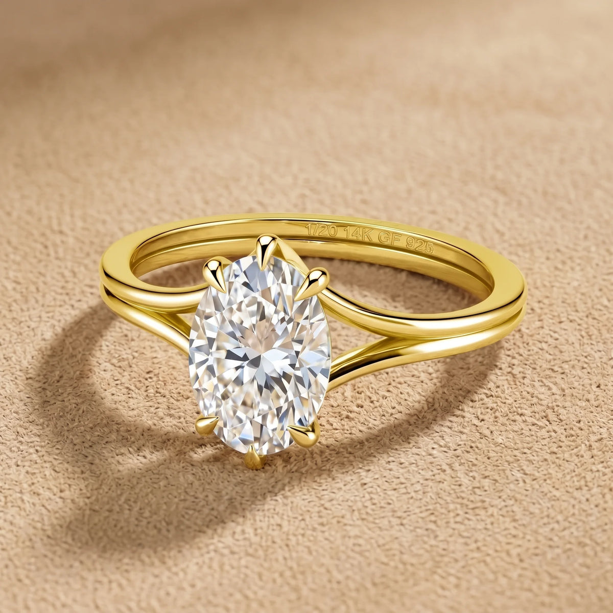 Split shank oval moissanite engagement ring showing the 1/20 14K GF 925 hallmark stamped inside the band - Sensitive Stones