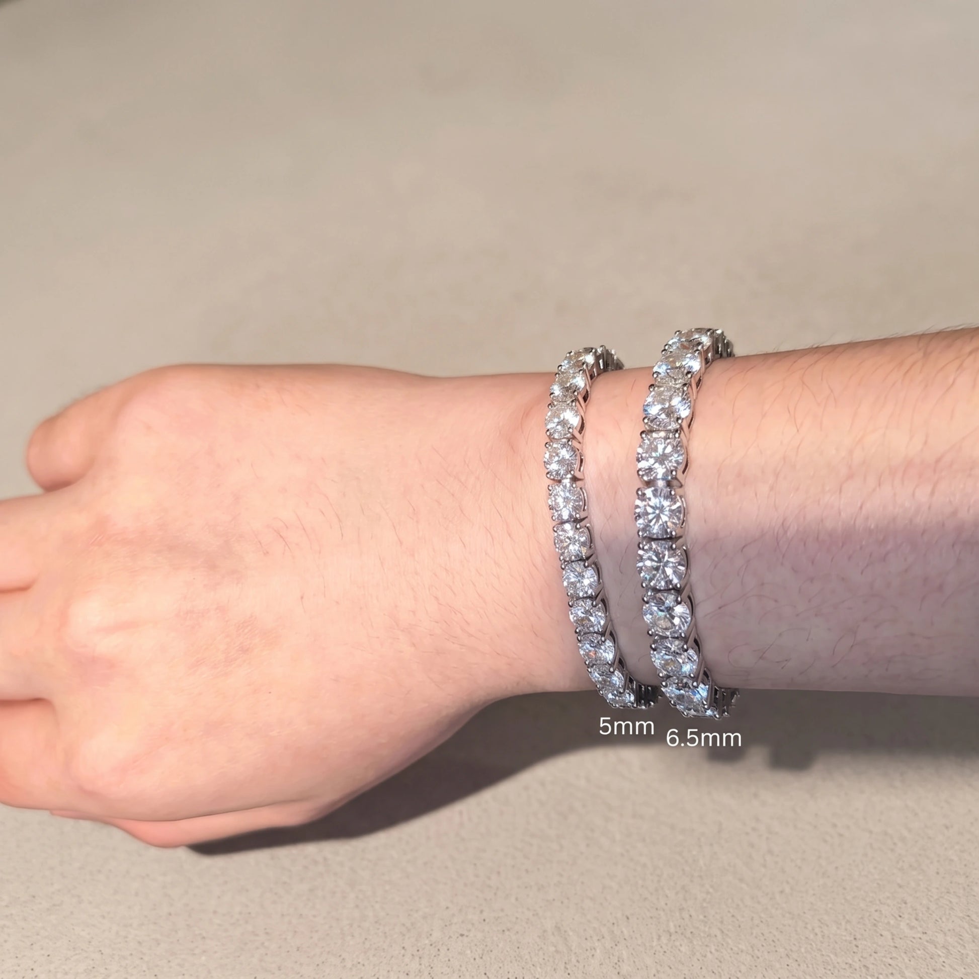 Statement moissanite tennis bracelet, 5mm and 6.5mm stone sizes shown side by side on the wrist - Sensitive Stones