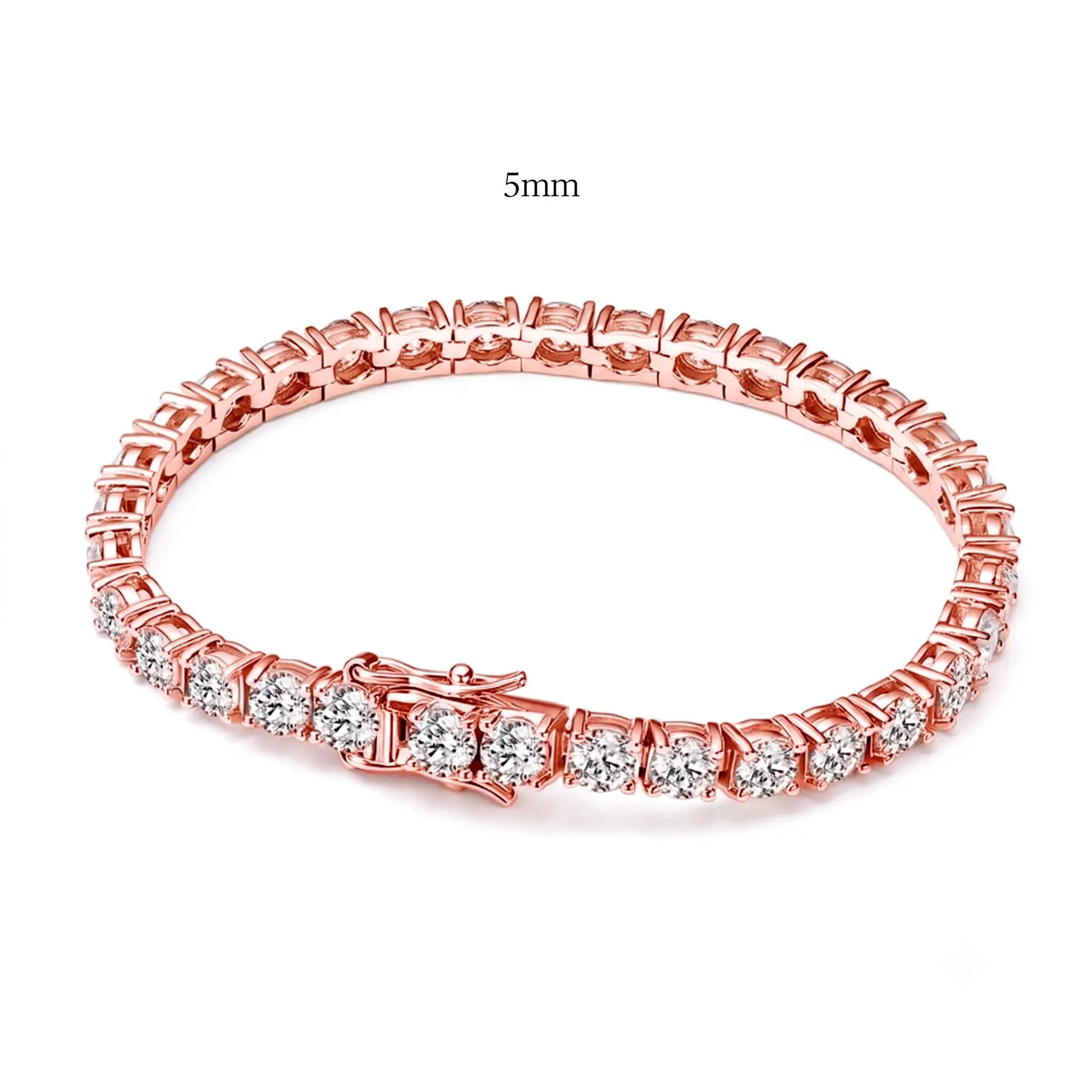 5mm statement moissanite tennis bracelet in 18K rose gold with box clasp, claw set round D Color VVS1 stones - Sensitive Stones
