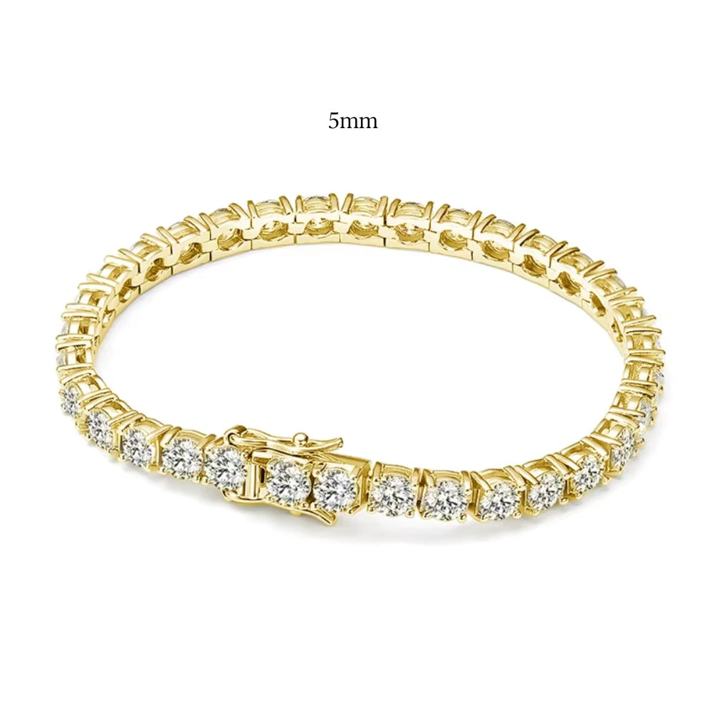 5mm statement moissanite tennis bracelet in 18K yellow gold with box clasp, claw set round D Color VVS1 stones - Sensitive Stones