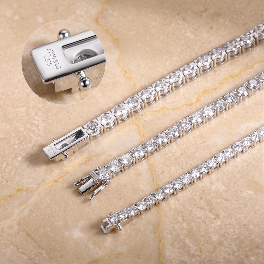 Statement moissanite tennis bracelet in white gold, engraved 925 box clasp and prong setting detail - Sensitive Stones