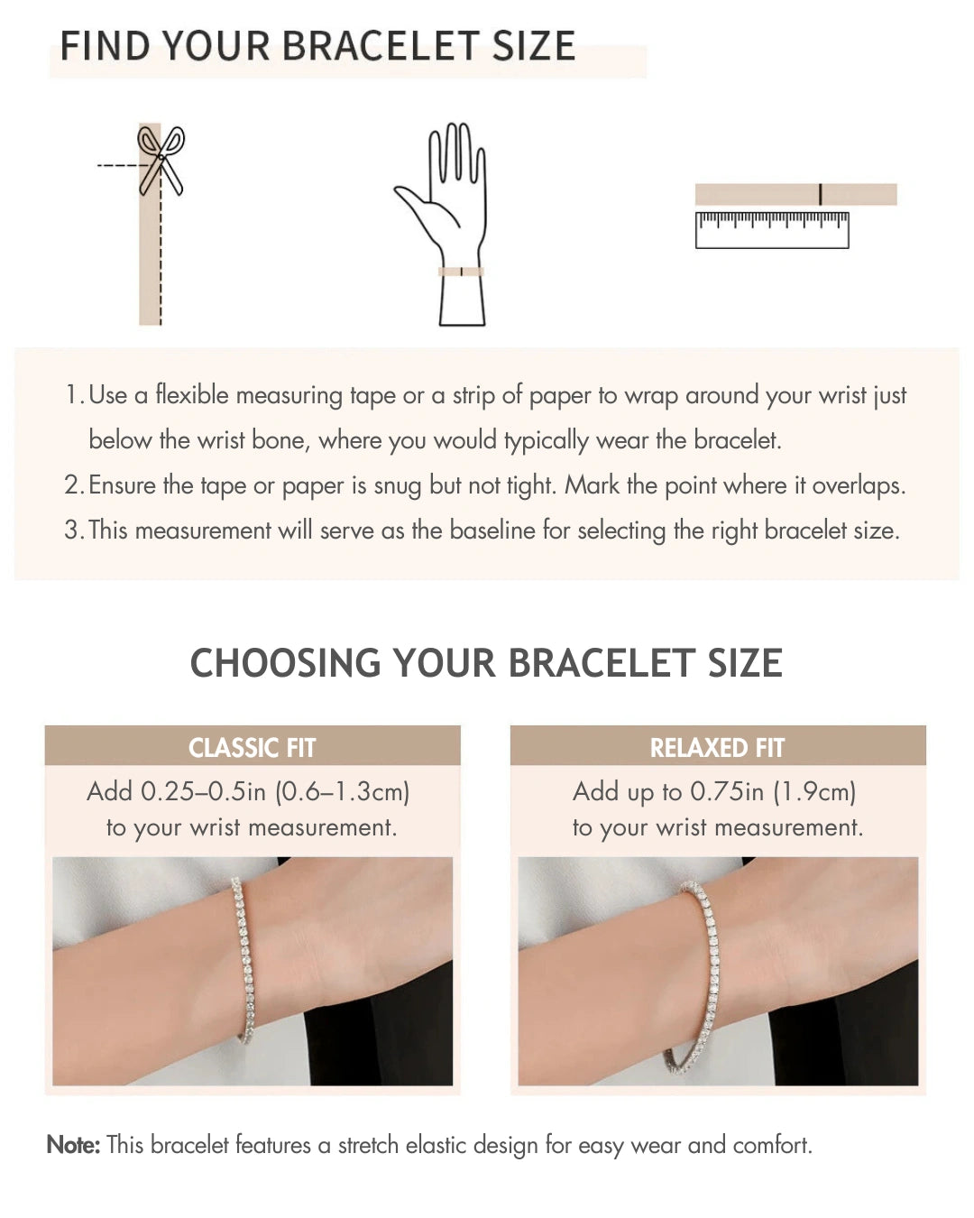 Step-by-step guide showing how to measure your wrist for a tennis bracelet and how to choose your bracelet size for a snug or comfortable fit, including visual instructions - Sensitive Stones