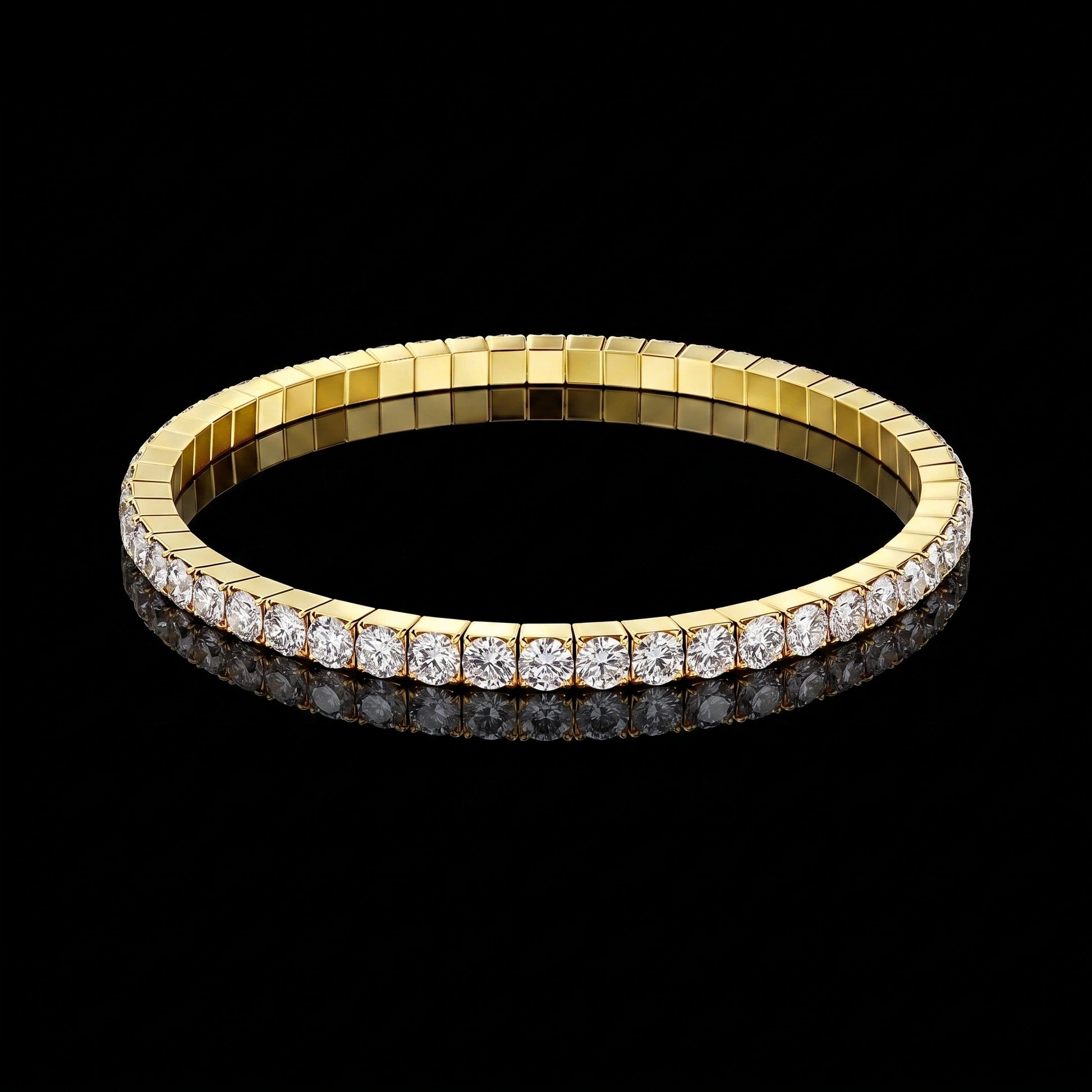A stretch moissanite tennis bracelet with clear round-cut stones set in 925 sterling silver with yellow gold finish, displayed on a reflective black surface against a black background - Sensitive Stones