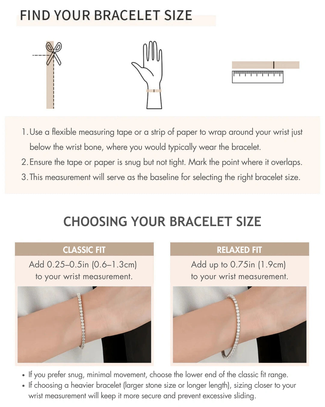 Step-by-step guide showing how to measure your wrist for a tennis bracelet and how to choose your bracelet size for a snug or comfortable fit, including visual instructions - Sensitive Stones