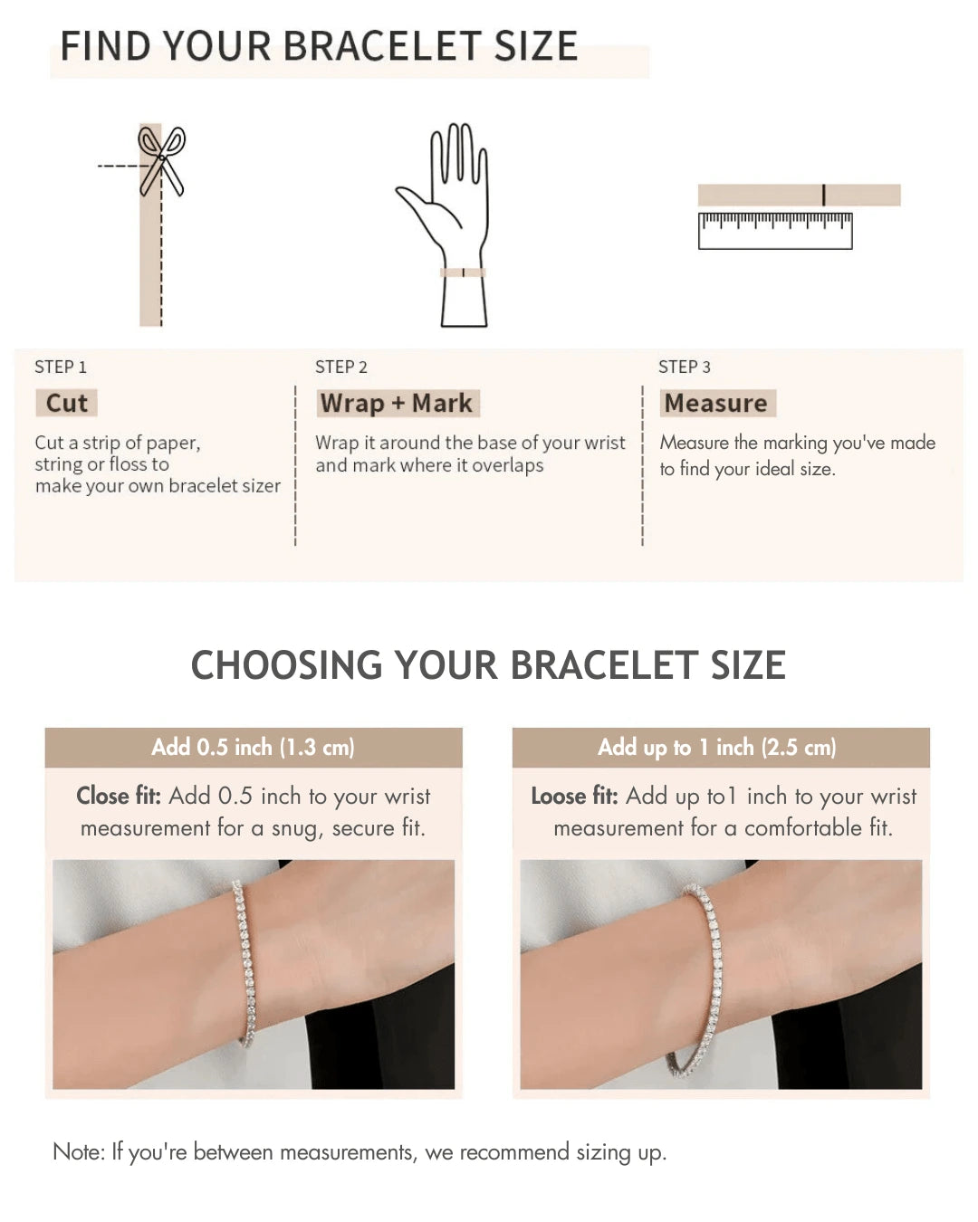 Step-by-step guide showing how to measure your wrist for a tennis bracelet and how to choose your bracelet size for a snug or loose fit, including visual instructions - Sensitive Stones