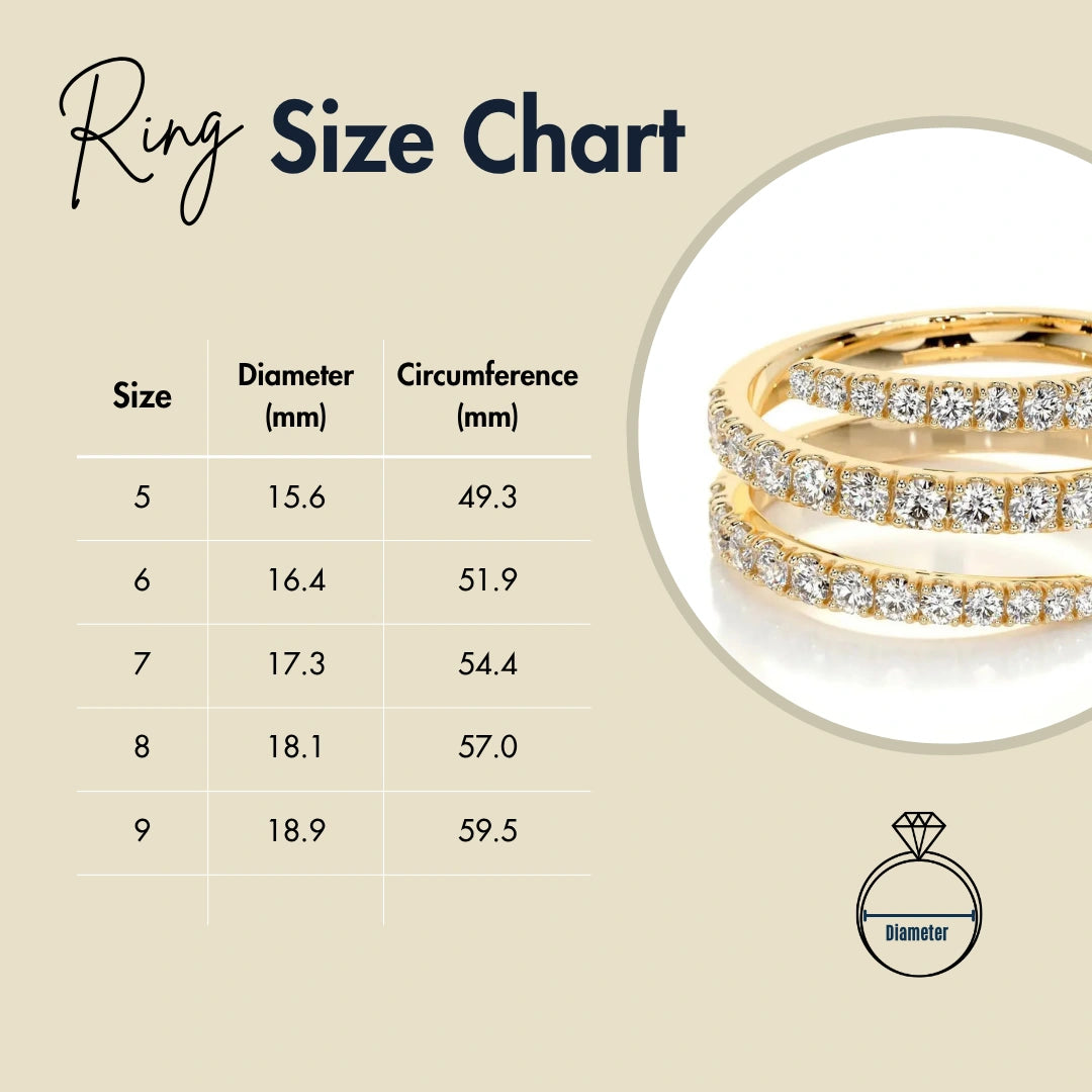 Ring size chart with US sizes 5 to 9, showing diameter and circumference in millimeters for accurate jewelry fit - Sensitive Stones