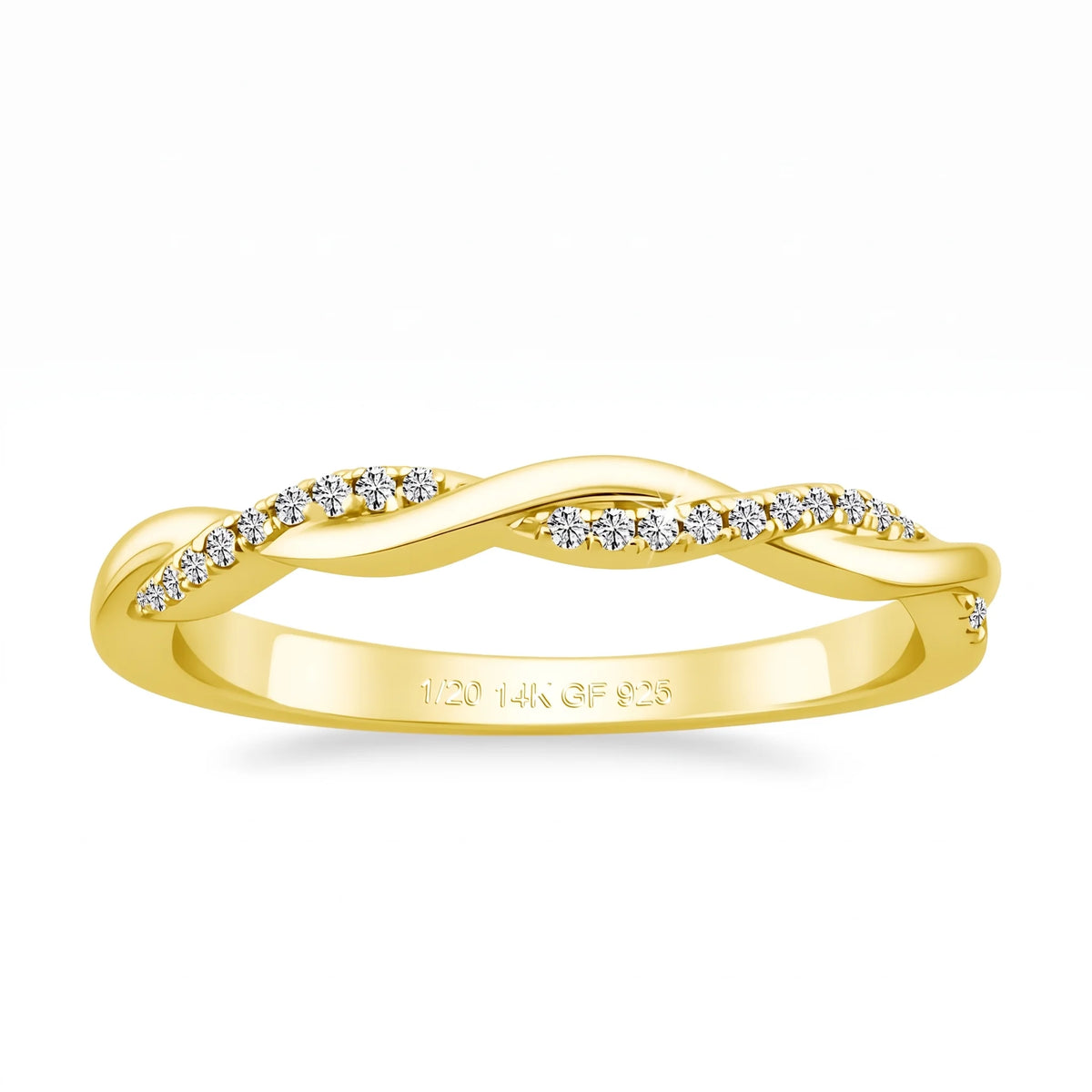 Twisted cubic zirconia pavé wedding band in 14K gold filled seen from above, showing the 1/20 14K GF 925 hallmark - Sensitive Stones