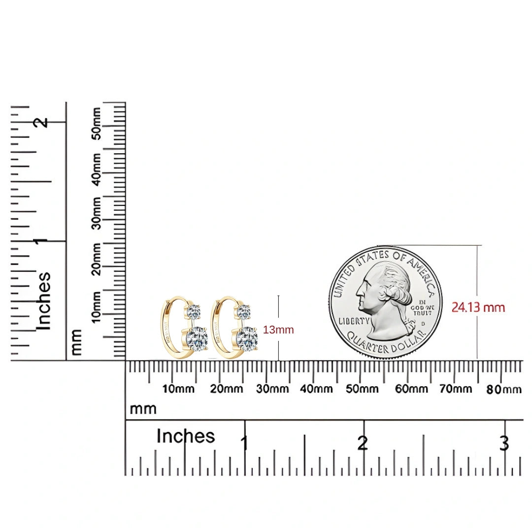 Two stone moissanite huggie hoop earrings size comparison showing 13mm diameter next to US quarter - Sensitive Stones