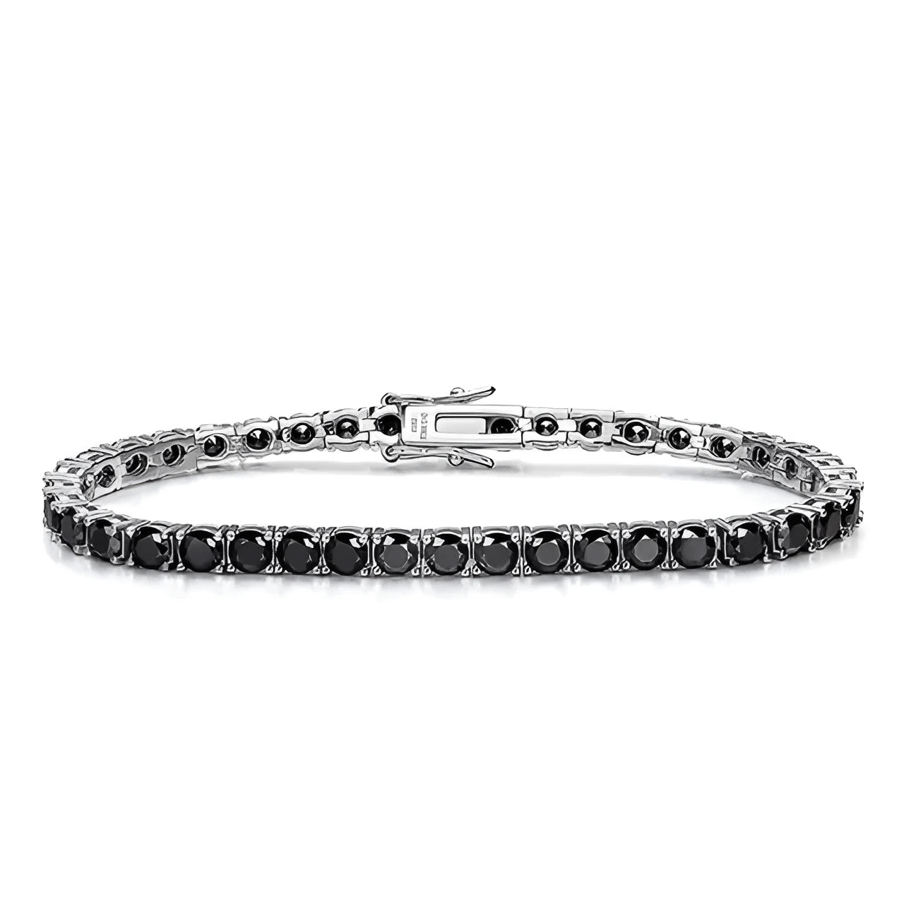 Unisex black moissanite tennis bracelet in 18K white gold over sterling silver with secure clasp | Sensitive Stones